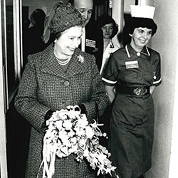 Queen Elizabeth II on a visit to Surrey County Hospital in 1981
