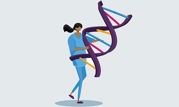 Image of a figure depicting a nurse carrying a large structure designed like a DNA double helix