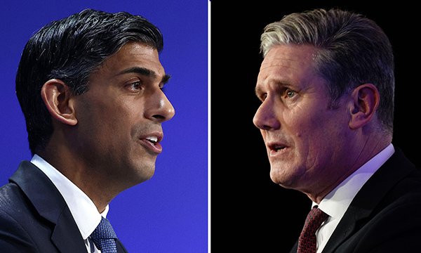 Split-screen style image shows PM Rishi Sunak and Labour leader Sir Keir Starmer speaking, positioned as if facing each other